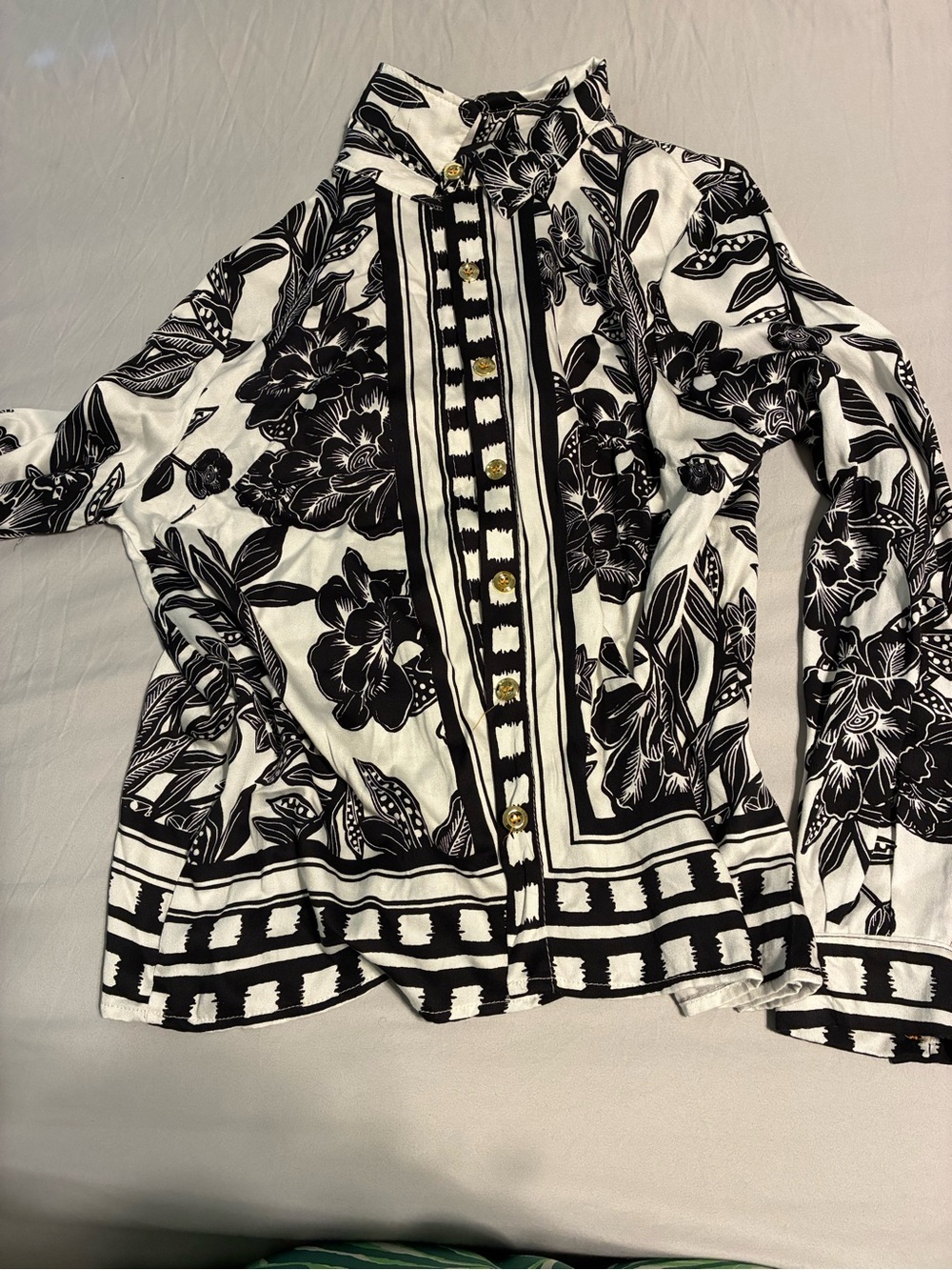 Black & White Floral Button-Up Blouse